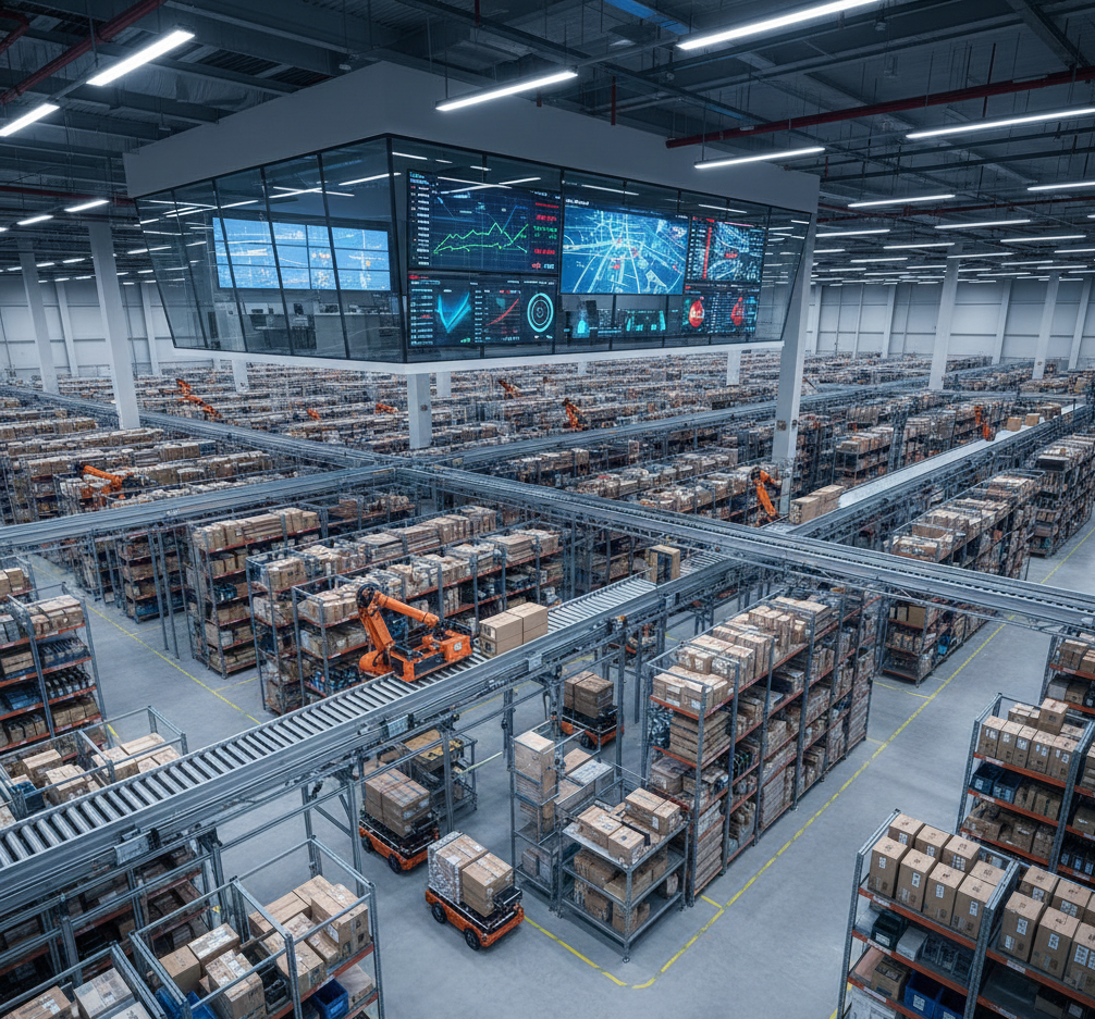 Centro de distribución moderno con sistema de gestión de inventario logístico automatizado y control de capital sistemático en tiempo real