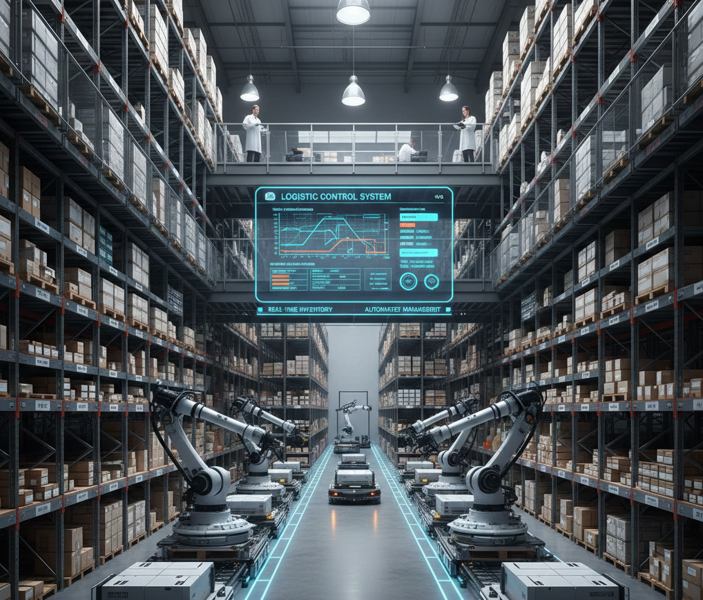 Almacén moderno con estanterías organizadas mostrando sistema automatizado de gestión de inventario y control logístico en tiempo real