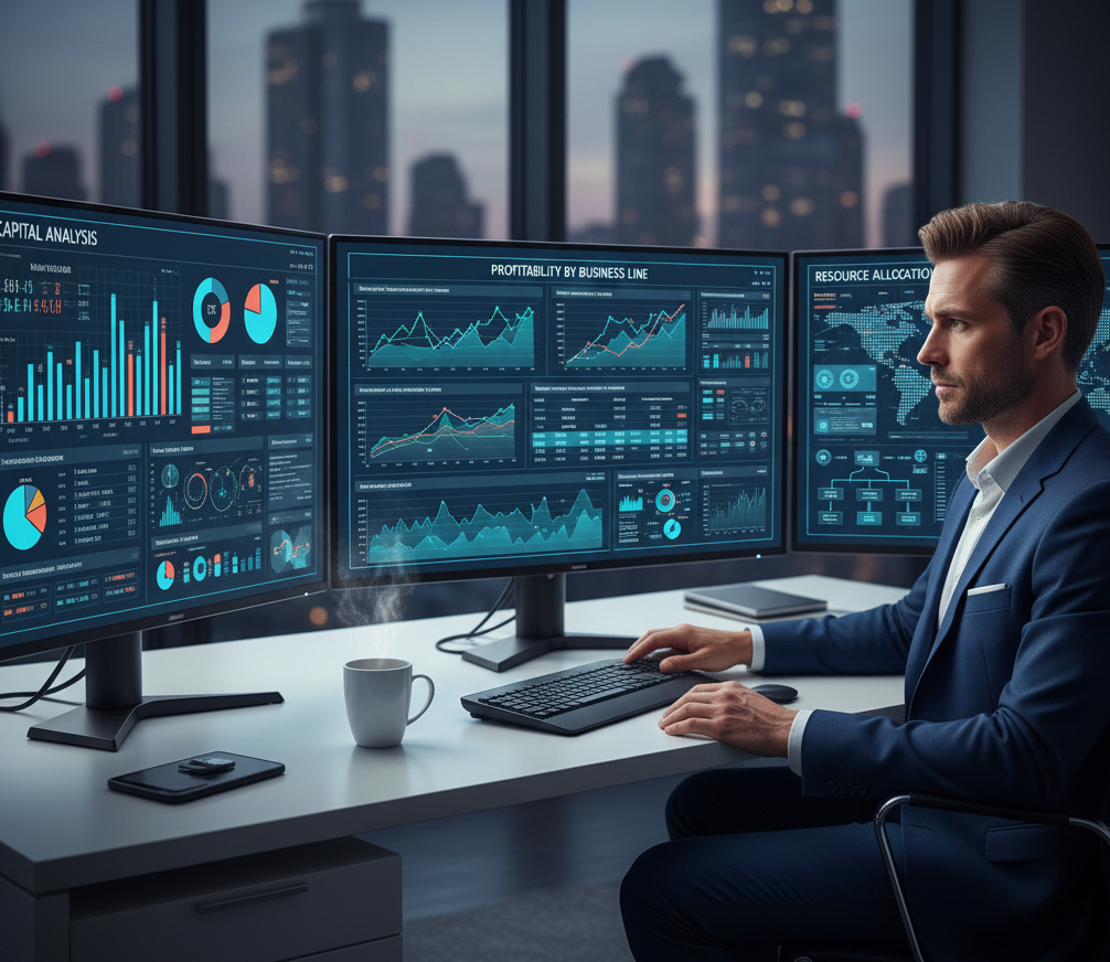 Analista financiero en escritorio con múltiples pantallas mostrando dashboards de análisis de capital, rentabilidad por línea de negocio y estrategia de distribución de recursos
